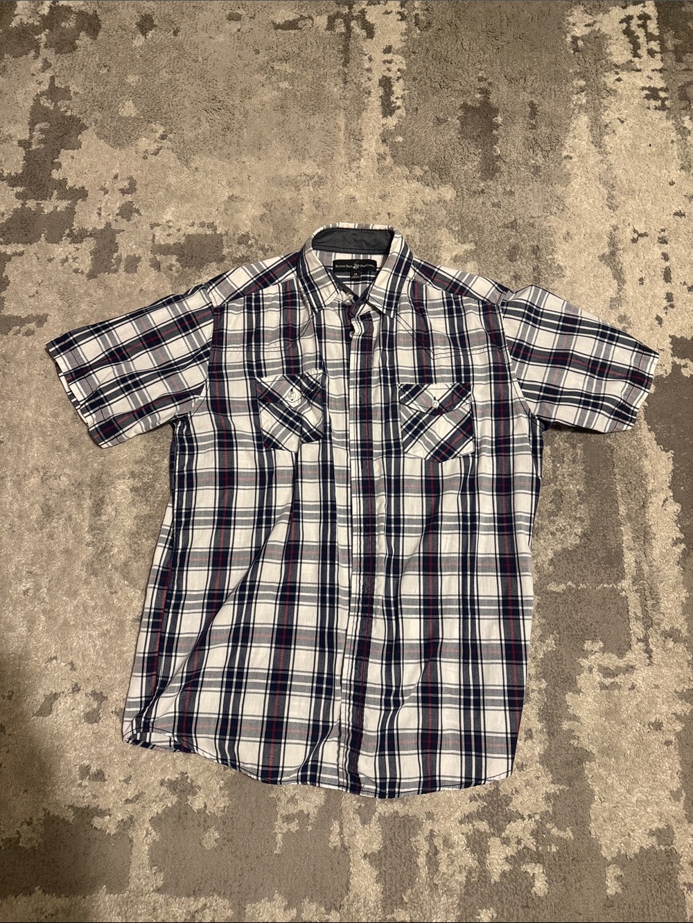 Beverly Hills Polo Club Short Sleeve Plaid Button-Down Shirt - Navy/White/Maroon